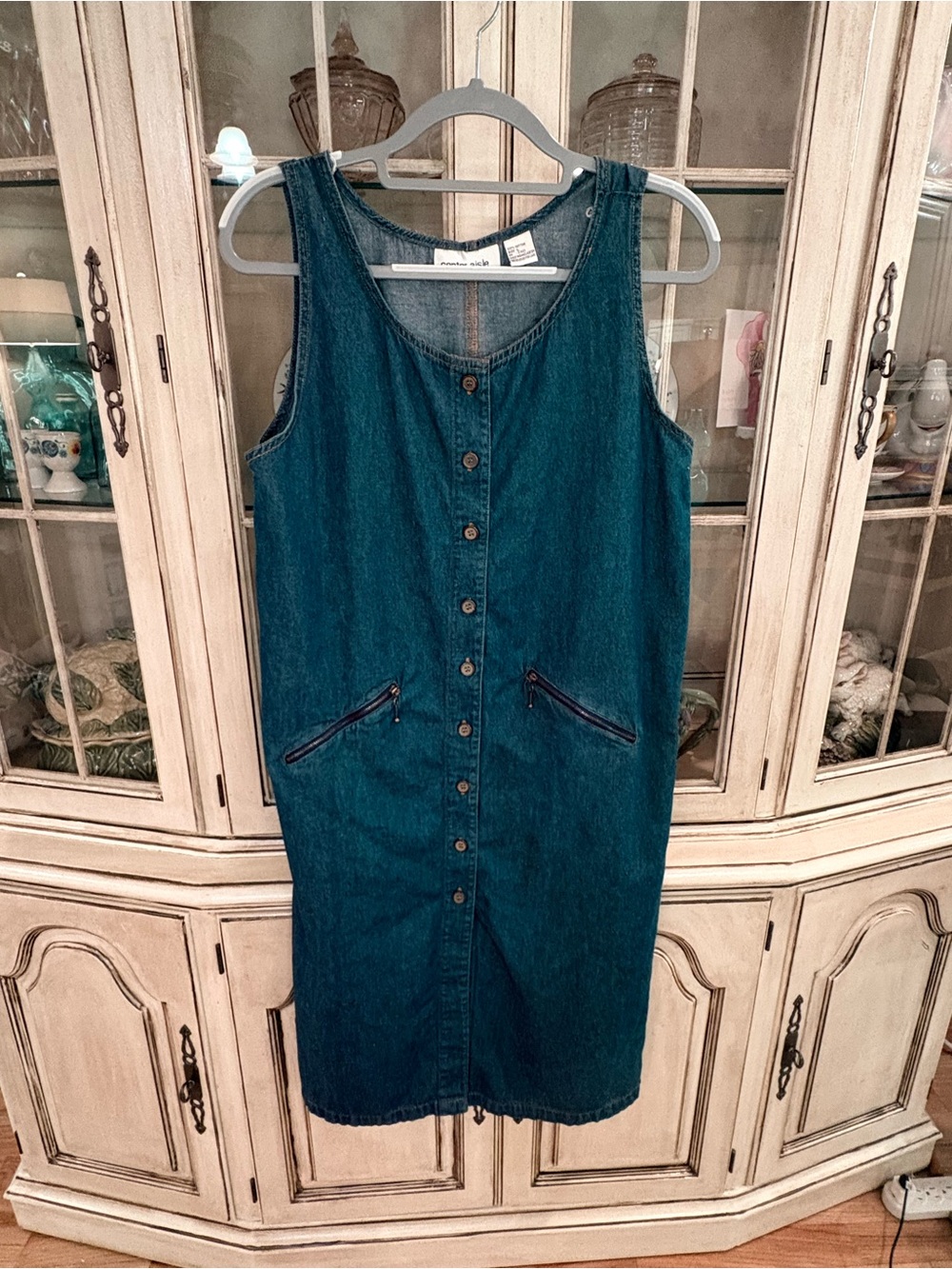 Sleeveless 100% Cotton Dark Blue Denim Midi Dress with Front Buttons - Picture 2 of 7